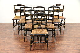 Set of 8 Antique Hitchcock Stencil & Hand Painted Rush Seat Dining Chairs #29784