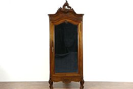 French Carved Walnut 1900 Antique Armoire, Beveled Mirror Door