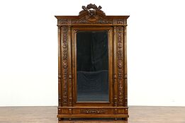 French Louis XVI Antique 1890 Carved Oak & Chestnut Armoire, Wardrobe or Closet