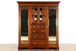 English 1895 Antique Carved Armoire, Wardrobe or Closet, Beveled Mirrors