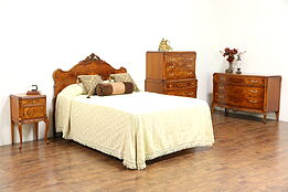 French Style Satinwood & Burl Carved 4 pc. 1940 Vintage Bedroom Set