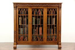 Oak Gothic Carved 1910 Antique Triple Library Bookcase