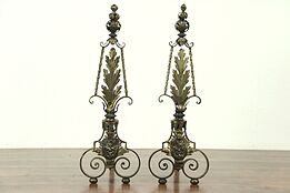 Pair of Wrought Iron Antique Fireplace Andirons, Leaf Design