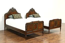 Pair of Antique Twin Beds, Walnut with Hand Painting, signed Berkey & Gay #28576