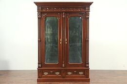 Victorian Eastlake Walnut 1880 Armoire, Wardrobe or Closet With Mirrors #29131