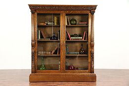 Oak Carved Antique 1895 Library Bookcase, Columns, Wavy Glass Doors #29963