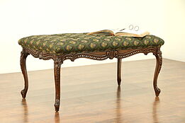 Carved Walnut Antique Bench, Recent Upholstery #30395
