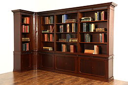 Library Corner Bookcase, Scandinavian 1920 Antique Carved Walnut, 9' 1" wide