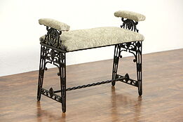 Art Deco 1930's Vintage Cast Iron Bench with Arms, New Upholstery