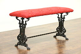 Cast Iron 1915 Antique Bench, Lion Paw Feet & Shield, New Upholstery