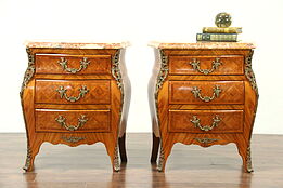 Pair of Italian Rosewood Marquetry Marble Top Chests, End Tables or Nightstands
