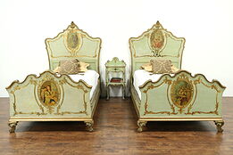 Venetian Antique Carved & Painted Bedroom Set, Twin Beds & Nightstand #28612