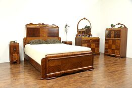 Art Deco Waterfall Vintage 5 pc Bedroom Set, Queen Size Bed #30957
