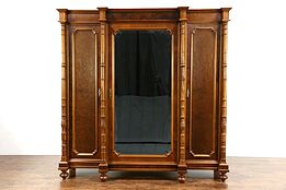 Italian 1900 Antique Walnut Triple Armoire, Wardrobe or Closet, Beveled Mirror