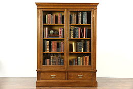 Oak 1900 Antique Bookcase, Glass Doors, Adjustable Shelves