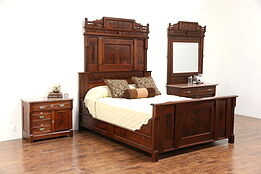 Victorian Eastlake Antique 3 Pc Queen Size Walnut Bedroom Set, Marble, Signed IN