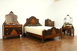 English Tudor Antique 4 Pc Bedroom Set, Queen Size Bed #31385