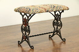 Iron Antique Bench, Hand Painted Lyre Design, New Upholstery #31741