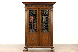 Italian Carved Walnut Antique 1900 Bookcase, Iron Grill & Glass Doors