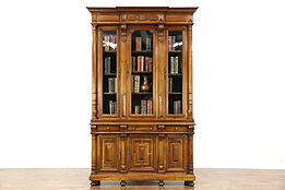 Victorian Antique Walnut 1875 Triple Library Bookcase, Wavy Glass, France