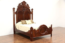 Victorian Antique 1870 Carved Walnut & Burl Queen Size Bed