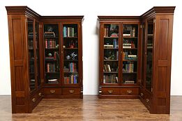 Pair 1890 Antique Mahogany Library Corner Bookcases, Glass Doors, Disassemble