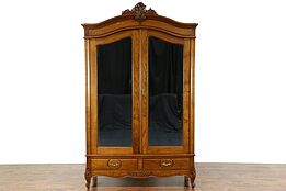 Country French 1920 Antique Oak Armoire, Wardrobe or Closet, Beveled Mirrors