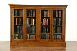 Oak 1900 Antique Library Bookcase, 4 Wavy Glass Doors, Adjustable Shelves
