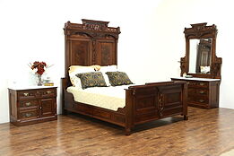 Victorian Eastlake Antique Walnut Queen Size Bedroom Set, Marble Tops #28866