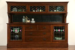 Arts & Crafts 1900 Mission Oak 8' 7" Back Bar Sideboard Cabinet, Leaded Glass