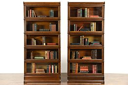 Pair of Antique Oak 5 Stack Globe Wernicke Signed Lawyer Bookcases, Wavy Glass