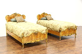 Pair of Satinwood & Hand Painted 1940 Vintage Twin or Single Beds