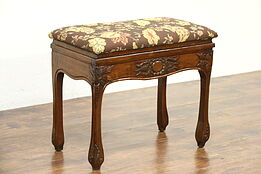 Carved Walnut 1900 Antique French Bench or Footstool, New Upholstery