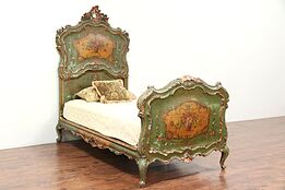 Venetian Antique Hand Carved & Painted Italian Twin or Single Bed #29474