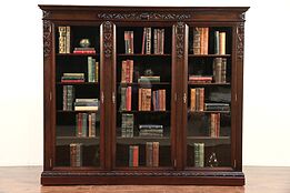 Triple Antique Mahogany Library Bookcase, Carved Gargoyles, Wavy Glass #29699