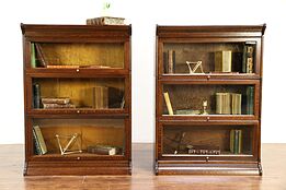 Pair of Oak 1900 Antique 3 Stack Lawyer or Library Bookcases, Signed Gunn #30107