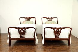 Pair of Traditional Carved Mahogany Vintage Twin or Single Beds #30809