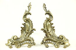 Pair of French Antique 1800's Baroque Brass & Iron Fireplace Andirons