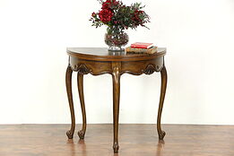 Oak Half Round Demilune Vintage Console, Opens to Round Game Table, Signed Baker