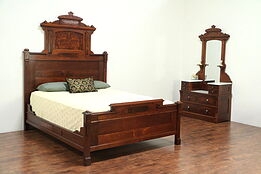 Victorian Antique Walnut Bedroom Set, Queen Size Bed, Marble Top Chest #28954