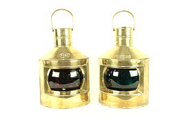 Pair Vintage Brass Ship or Boat Lanterns Port & Starboard Stained Glass #30665