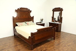 Victorian Eastlake Antique Queen Size 3 Pc Bedroom Set, Marble Tops #31762