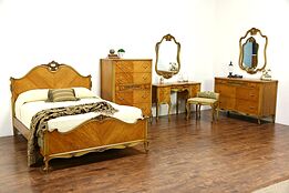 French Design 1940's Vintage Satinwood 7 Pc. Bedroom Set, Full Size Bed