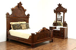 Victorian Renaissance Antique Walnut 2 Pc. Bedroom Set, Queen Size Bed
