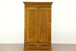 Grain Painted 1870 Antique Walnut Armoire, Wardrobe or Closet, Carved Hooks
