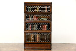 Oak 1900 Antique Stacking Bookcase, 4 Leaded Glass Doors, Globe & Macey