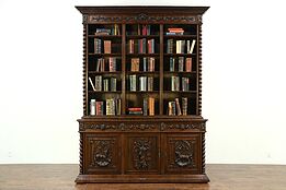 Oak  Antique Library Bookcase, Carved Dogs & Lion Heads, Black Forest #28676