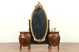 Walnut Marquetry Antique Bombe Dressing Table or Vanity, Mirror, Italy #29076