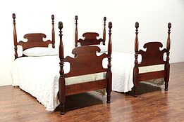 Pair Antique Cherry Twin Beds, Pineapple Posts, Signed Athens #29428
