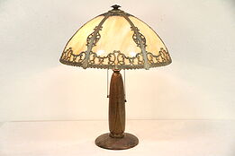 Arts & Crafts Antique Bronze Finish Table Lamp, Stained Glass Panel Shade #29773
